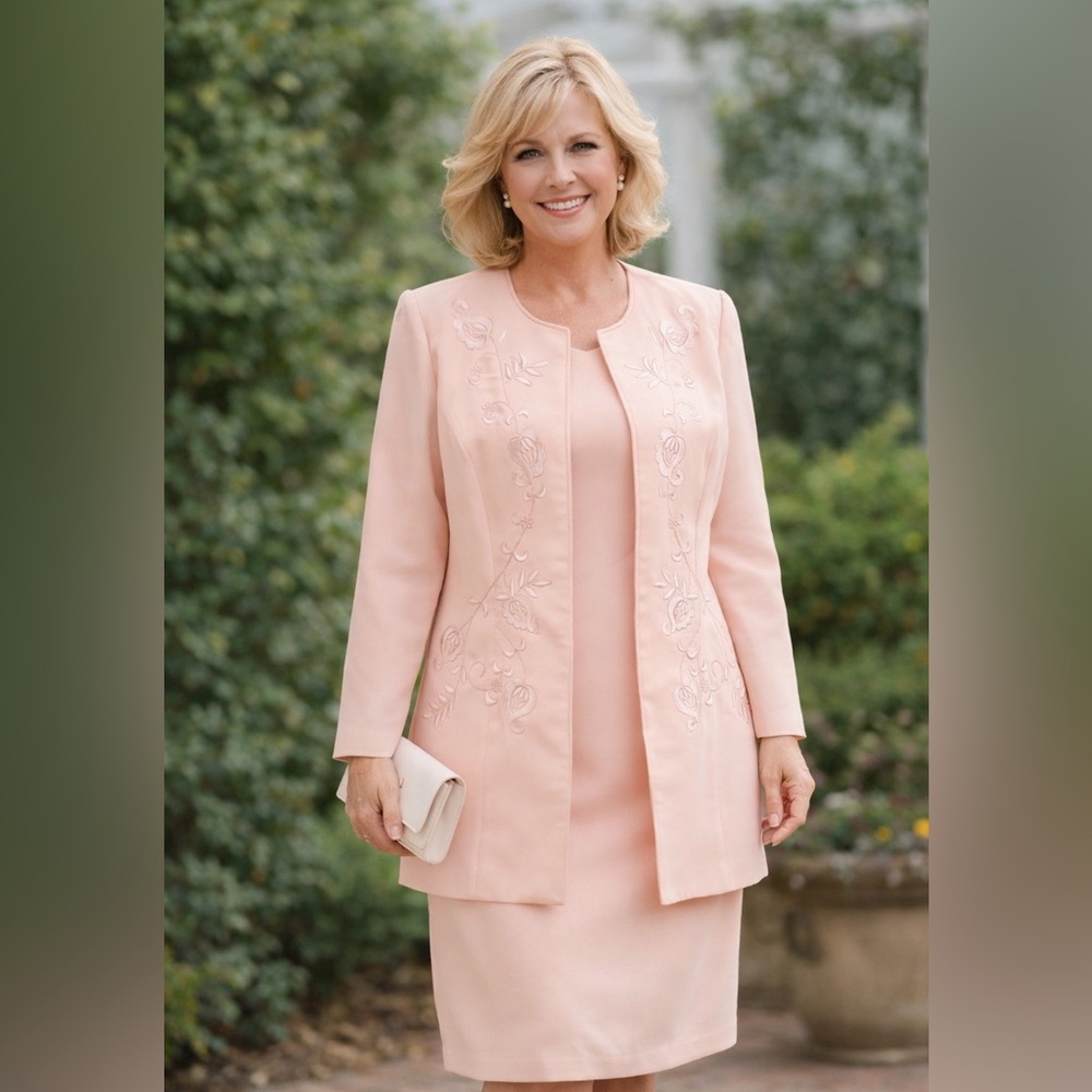 Vintage  Peach Embroidered Dress & Jacket Set | Size 14 | Elegant Retro